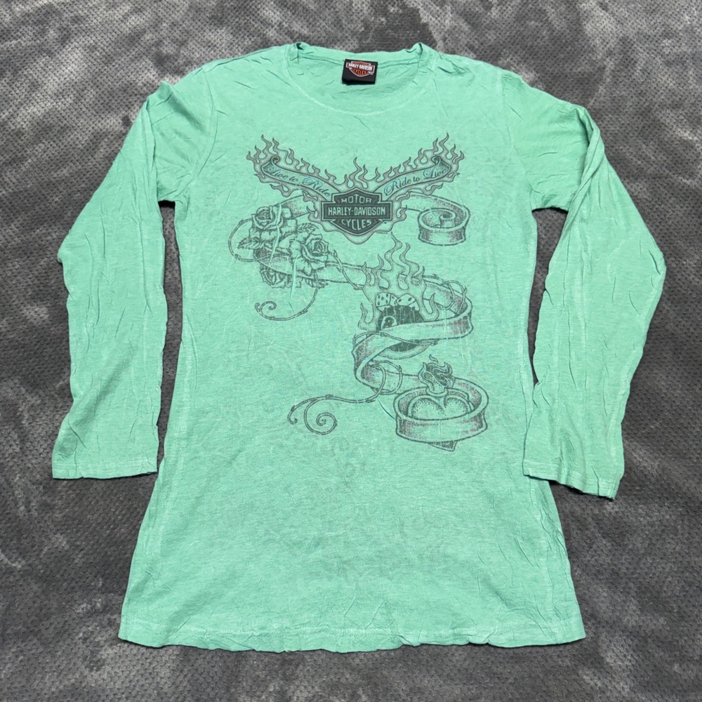 Harley-Davidson Womens Mint Green Long Sleeve Graphic Tee Live To Ride Large
